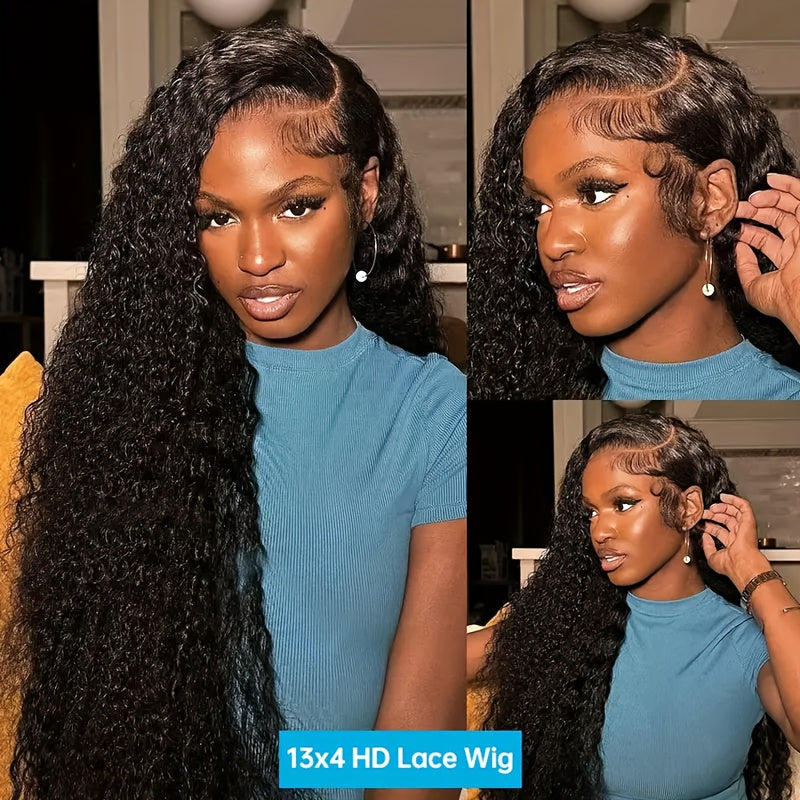 40" Brazilian Virgin Human Hair Wig - 250% Density Kinky Curly Wave 13x4 HD Transparent Lace Frontal with Pre-Plucked Bleached Knots & Baby Hair, 100% Remy Hair for (Natural Color), Long Hair Wig, Styling Versatility, Texture